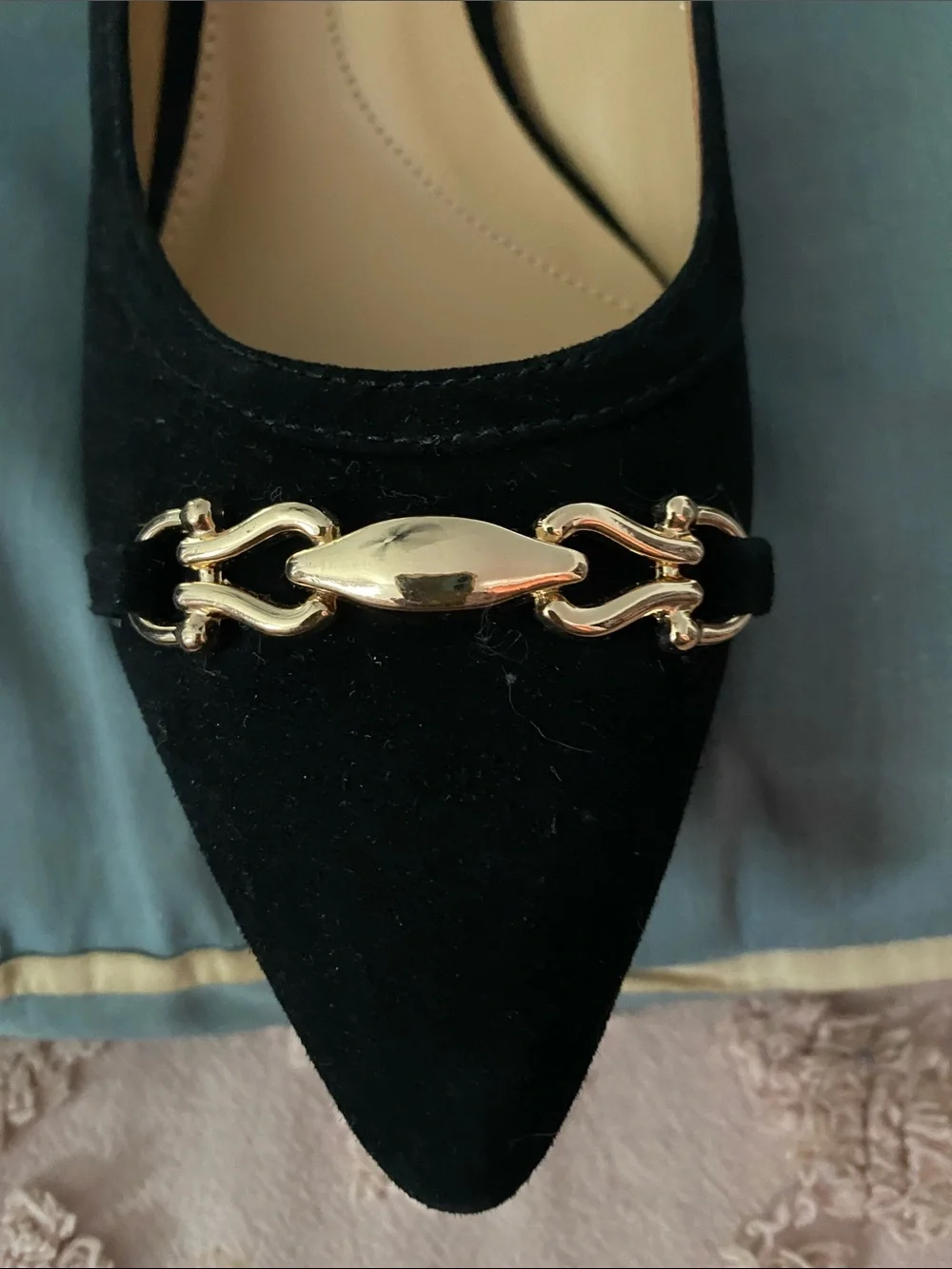 Talbots Black Pointed-Toe Flats with Gold Chain Detail